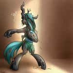  anthro changeling conicer dancing eating eyes_closed female food friendship_is_magic green_hair hair happy long_hair my_little_pony queen_chrysalis_(mlp) smile solo 