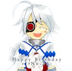  ahoge blazblue bodysuit cape doll eyepatch happy_birthday nu-13 ragna_the_bloodedge silver_hair smile 