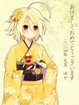  2014 ahoge blazblue blonde_hair hair_ornament happy_new_year japanese_clothes kimono lambda-11 long_hair new_year red_eyes tartar yuya_(oshidori) 