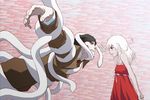  1girl arms_behind_back bare_shoulders bdsm black_eyes black_hair bondage bound bound_arms dress eye_contact gangan0605 kaiki_deishuu koimonogatari kuchinawa long_hair looking_at_another monogatari_(series) sengoku_nadeko short_hair sleeveless snake snake_hair trench_coat white_hair 