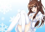  :d breasts brown_eyes brown_hair cleavage dress elbow_gloves gloves hasu_(velicia) long_hair medium_breasts ogiso_setsuna open_mouth smile solo thighhighs two_side_up white_album_2 white_dress white_gloves white_legwear 
