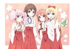  4girls akaza_akari black_hair blonde_hair blue_eyes bow brown_eyes double_bun floral_background funami_yui hair_bobbles hair_bow hair_bun hair_ornament hakama japanese_clothes long_hair looking_at_viewer miko multiple_girls open_mouth pink_background pink_hair purple_eyes red_hair red_hakama short_hair sign standing toma_(shinozaki) toshinou_kyouko twintails yoshikawa_chinatsu yuru_yuri 