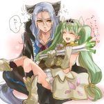  1girl animal_ears blue_hair boots closed_eyes couple diras forked_eyebrows frey_(rune_factory) gloves green_hair hanakotoba12 hetero horse_boy horse_ears horse_tail jewelry long_hair miniskirt open_mouth rune_factory rune_factory_4 sitting sitting_on_lap sitting_on_person skirt smile spring_onion tail thick_eyebrows tiara translation_request twintails yellow_eyes 