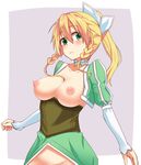  absurdres bad_id bad_pixiv_id blonde_hair braid breastless_clothes breasts crotchless_clothes green_eyes highres jaku_denpa large_breasts leafa nipples no_panties solo sword_art_online twin_braids 