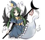  2014 bad_id bad_pixiv_id crescent demon_wings frown ghost_tail green_eyes green_hair hat hitodama long_hair long_sleeves looking_at_viewer mima ribbon satorichan simple_background skirt skirt_set solo staff star sun_(symbol) touhou touhou_(pc-98) white_background wings wizard_hat 