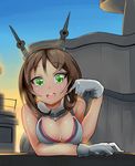  arm_support blush breasts brown_hair gloves green_eyes hair_twirling headgear kantai_collection large_breasts looking_at_viewer mutsu_(kantai_collection) nac000 open_mouth round_teeth short_hair smile solo teeth tsurime white_gloves 