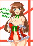  1girl areola_slip areolae bare_shoulders blue_eyes breasts brown_hair christmas curvy female hair_ornament hair_ribbon hard_translated huge_breasts long_hair navel no_panties no_underwear open_clothes open_mouth original pussy ribbon santa_costume solo soubee1 standing translated 