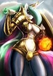  anthro anthrofied armor breasts chain cleavage clothed clothing crown equine female fire flail friendship_is_magic gem hair horn horse looking_at_viewer mace mammal multi-colored_hair my_little_pony navel outside pony princess_celestia_(mlp) purple_eyes sky solo unconvincing_armor weapon winged_unicorn wings zolombo 