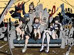  6+girls baseball_bat bisco_(letitbleed) cigarette_butt clothesline gamagoori_ira graffiti guts_(kill_la_kill) high_contrast highres inumuta_houka jakuzure_nonon junketsu kill_la_kill kinagase_tsumugu kiryuuin_satsuki living_clothes mankanshoku_barazou mankanshoku_mako mankanshoku_matarou mankanshoku_sukuyo matoi_ryuuko mikisugi_aikurou multiple_boys multiple_girls poster_(object) rubble sanageyama_uzu senketsu sign sitting stretch sword weapon 