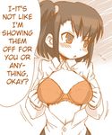  blush bra breasts brown_eyes brown_hair hard_translated large_breasts lingerie monochrome open_clothes open_shirt original ponytail shirt short_hair tai_(pixiv6134) translated tsundere underwear 