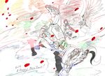  final_fantasy final_fantasy_xiii highres horse huge_weapon lightning_farron monochrome odin_(final_fantasy) petals rose_petals weapon 