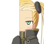  aoki_hagane_no_arpeggio blonde_hair blush coat embarrassed green_eyes haruna_(aoki_hagane_no_arpeggio) hiding long_hair looking_at_viewer nagineko peeking_out personification sleeves_past_fingers sleeves_past_wrists solo transparent_background twintails 