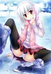  absurdres black_legwear blurry character_request copyright_request depth_of_field earmuffs grey_hair highres ice_skates ice_skating panties plaid plaid_skirt red_eyes ribbed_sweater scarf skates skating skirt solo spread_legs sweater thighhighs tsukinon underwear white_panties 