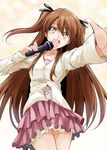 :d bibi brown_eyes brown_hair cardigan hair_ribbon jewelry long_hair microphone necklace ogiso_setsuna open_mouth ribbon skirt smile solo two_side_up white_album_2 
