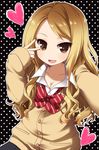  :d bad_id bad_pixiv_id bangs blonde_hair blush bow breasts brown_eyes cardigan cleavage collarbone curly_hair eyelashes gyaru heart kogal long_hair medium_breasts nail_polish open_mouth original ringo_yuyu school_uniform sleeves_past_wrists smile solo sweater swept_bangs tsurime v v_over_eye 