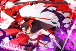  black_hair blazblue eyebrows forked_eyebrows heterochromia jacket kagura_mutsuki multiple_boys ragna_the_bloodedge red_jacket scythe silver_hair sword tomo_(tomorag7) weapon 