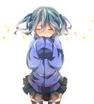  blush closed_eyes ene_(kagerou_project) hands_in_opposite_sleeves headphones kagerou_project long_hair long_sleeves petals skirt sleeves_past_fingers sleeves_past_wrists smile solo twintails yuuuuri 