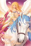  bare_shoulders blonde_hair breasts center_opening cleavage detached_sleeves feathers green_eyes happy_new_year horseback_riding kedama_keito large_breasts long_hair looking_at_viewer new_year open_mouth original riding smile solo unicorn wings 