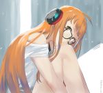  1girl behind-the-head_headphones black-framed_eyewear black_camisole brown_eyes camisole commentary_request glasses head_tilt headphones long_hair looking_at_viewer mn orange_hair persona persona_5 sakura_futaba shirt short_sleeves sitting solo very_long_hair white_shirt 