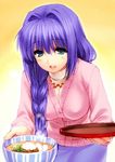  :d blue_eyes braid breasts cardigan dish food hair_intakes hair_over_shoulder kanon large_breasts long_hair mature minase_akiko noodles open_mouth purple_hair single_braid smile soba solo tray zen 