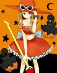  bow crescent_moon eyewear_on_head gen_6_pokemon hat long_hair midriff moon navel poke_ball pokemon pokemon_(creature) pokemon_(game) pokemon_xy pumpkaboo serena_(pokemon) smile staff star sunglasses syuichi witch_hat 