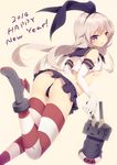  2014 absurdres ass blonde_hair blue_eyes breasts elbow_gloves gloves hair_ribbon happy_new_year highleg highleg_panties highres kantai_collection long_hair medium_breasts new_year panties rensouhou-chan ribbon shimakaze_(kantai_collection) shokuyou_mogura skirt solo striped striped_legwear thighhighs thong underboob underwear white_gloves yellow_background 