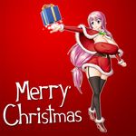  black_legwear breasts cape capelet christmas cleavage commentary_request detached_sleeves garters gift highres huge_breasts isel long_hair low-tied_long_hair merry_christmas ninlil open_mouth original pink_hair purple_eyes red_cape santa_costume skirt smile solo thighhighs very_long_hair 