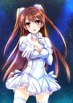  breasts brown_eyes brown_hair choker cleavage dress gloves highres long_hair medium_breasts microphone mintes ogiso_setsuna solo thighhighs two_side_up white_album_2 white_dress white_gloves white_legwear 