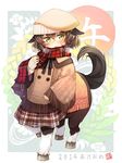  2014 animal_ears blush brown_hair centaur green_eyes hat horse_ears kito_(sorahate) looking_at_viewer monster_girl new_year open_mouth original plaid plaid_scarf red_scarf scarf short_hair solo tail 