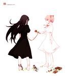  akemi_homura barefoot black_dress black_hair bruise cuffs cuts dress flower funeral_dress hair_ribbon hairband hanyae injury kaname_madoka long_hair mahou_shoujo_madoka_magica mahou_shoujo_madoka_magica_movie multiple_girls pink_hair ribbon shackles short_hair simple_background smile stocks twintails white_dress yuri 