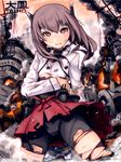 bike_shorts blush brown_eyes brown_hair burnt_clothes character_name flat_chest headband highres kantai_collection looking_at_viewer mistrail short_hair skirt solo taihou_(kantai_collection) tears thighhighs torn_clothes wreckage 