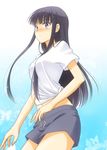  black_hair blush long_hair natsushi shirt shorts solo t-shirt touma_kazusa white_album_2 