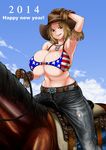  2014 :p american_flag_bikini animal arm_up armpits bikini blonde_hair blue_eyes bokkori breasts cowboy_hat dead_or_alive denim flag_print gloves happy_new_year hat highres horse horseback_riding huge_breasts jeans navel new_year pants riding short_hair solo swimsuit tina_armstrong tongue tongue_out 