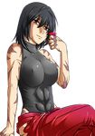  abs alternate_hair_length alternate_hairstyle antenna_hair black_hair breasts brown_eyes covered_nipples crossed_legs cup hakama highres impossible_clothes japanese_clothes large_breasts leotard m.u.g.e.n muscle muscular_female original red_hakama sakazuki samuimu scar sendai_hakurei_no_miko short_hair sitting skin_tight sleeveless smile solo touhou transparent_background 