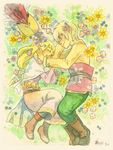  1girl blonde_hair blue_eyes flower link loftwing long_hair lying piggy_ho_ho princess_zelda smile the_legend_of_zelda the_legend_of_zelda:_skyward_sword traditional_media 