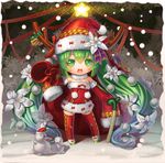  antlers bell chibi christmas detached_sleeves green_eyes green_hair hat hatsune_miku kayi long_hair open_mouth reindeer_antlers sack santa_costume santa_hat sleeves_past_wrists snow solo spring_onion star thighhighs twintails very_long_hair vocaloid 