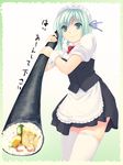  aqua_eyes aqua_hair bangs coffee-kizoku copyright_request eyebrows_visible_through_hair food hair_ribbon highres maid maid_headdress makizushi ribbon short_hair smile solo sushi thighhighs translation_request 