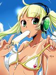  bad_id bad_pixiv_id bikini bikini_tan blonde_hair breasts cloud copyright_request day food green_eyes headphones heart light_rays long_hair looking_at_viewer messy pochi_(pochi-goya) popsicle sexually_suggestive sky small_breasts solo strap_lift sun sunbeam sunlight swimsuit tan tanline twintails upper_body 