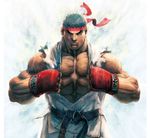  abs bandana black_hair dougi fingerless_gloves gloves male_focus muscle official_art ryuu_(street_fighter) solo street_fighter yasuda_akira 