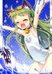  animal_ears bad_id bad_pixiv_id blush cat_ears child closed_eyes eyewear_on_head fang flat_chest glasses green_hair happy highres long_hair ocean one-piece_swimsuit original osa_(osaosa) palm_tree playing school_swimsuit solo splashing swimsuit tail tree water white_school_swimsuit white_swimsuit 