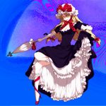  blonde_hair bobby_socks breasts choker cleavage closed_umbrella dress dress_lift egawa_satsuki elbow_gloves frills gloves hair_over_one_eye hat high_heels leg_ribbon legs lips long_hair medium_breasts petticoat purple_dress ribbon ribbon_choker shoe_ribbon shoes socks solo touhou umbrella white_gloves yakumo_yukari 