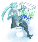  aqua_eyes aqua_hair aqua_nails aquarium bad_id bad_pixiv_id detached_sleeves hatsune_miku long_hair nail_polish naomi_(miette) necktie sitting skirt solo thighhighs toilet twintails vocaloid 