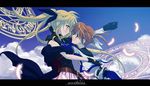  belt blonde_hair blue_eyes blush brown_hair cape cosmic_(crownclowncosmic) eye_contact fate_testarossa feathers fingerless_gloves gloves hair_ribbon hug letterboxed long_hair looking_at_another lyrical_nanoha magic_circle mahou_shoujo_lyrical_nanoha mahou_shoujo_lyrical_nanoha_the_movie_1st miko_embrace multiple_girls parody red_eyes ribbon short_twintails takamachi_nanoha twintails yuri 