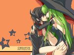  1girl black_hair c.c. code_geass creayus feeding green_hair hat horns lap lelouch_lamperouge long_hair open_clothes open_shirt purple_eyes shirt thighs wallpaper witch witch_hat yellow_eyes 