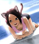  all_fours animal_ears beach black_hair bow brown_eyes cat_ears day downblouse flat_chest hair_bow kaminogi_haruka noein ocean outdoors short_hair sky smile solo tail tank_top ueyama_michirou 