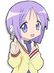  blue_eyes clannad company_connection cosplay fujibayashi_ryou fujibayashi_ryou_(cosplay) hair_ribbon hiiragi_tsukasa hikarizaka_private_high_school_uniform kyoto_animation lowres lucky_star purple_hair rakisana ribbon school_uniform short_hair solo thumbs_up 