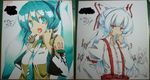  aqua_hair cigarette fujiwara_no_mokou hatsune_miku headphones long_hair maiku multiple_girls multiple_shikishi shikishi smoking touhou traditional_media vocaloid 