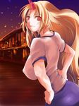 alternate_costume atoshi bad_id bad_pixiv_id blonde_hair breasts covered_nipples gym_uniform hands_on_hips highres horn hoshiguma_yuugi large_breasts long_hair looking_back night red_eyes smile solo touhou 