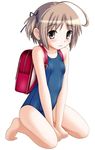  :3 ahoge backpack bag barefoot brown_eyes brown_hair flat_chest hair_ribbon nekomiya_nono neopure one-piece_swimsuit randoseru ribbon school_swimsuit solo swimsuit yotsunoha 