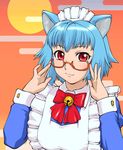  :3 adjusting_eyewear animal_ears apron aqua_hair bell blue_hair cat_ears dorae_tachibana_doryayev glasses headband maid red_eyes ribbon short_hair smile solo tsumanuda_fight_town ueyama_michirou 